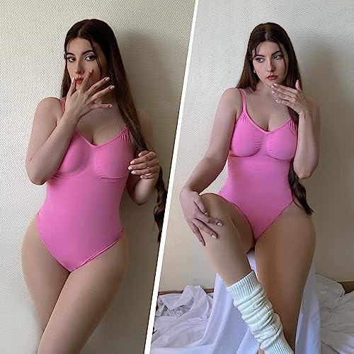 SHAPERX Women's Shapewear Bodysuit Tummy Control Body Shaper Seamless Sculpting Snatched Waist Body Suit，SZ5215-Pink-XXS/XS - Image 4