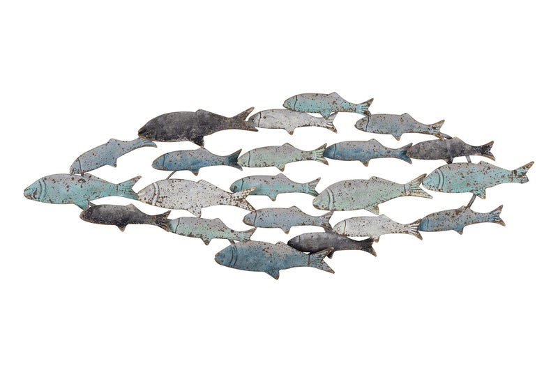 Creative Co-Op Wood School of Fish Wall DÃ©cor, Distressed Turquoise and White - Image 1