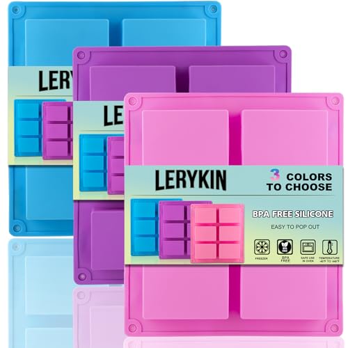 LERYKIN 3 Pack Silicone Soap Molds, 6 Cavities Rectangle Silicone Mold, Great For Homemade Craft Soap Mold, Chocolate, Cake Molds ＆ Ice Cube Tray - Just Pop Out（Pink & Blue & Purple） - Image 1