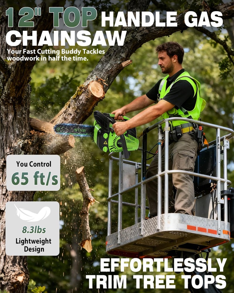 WTHW 25.4CC Top Handle Chainsaw â€“ 12 Inch Gas Powered Arborist Saw for Tree Climbing & Pruning â€“ Lightweight 2-Cycle Engine, Easy Start System & Auto Oiling (26CC â€“ Green) - Image 2