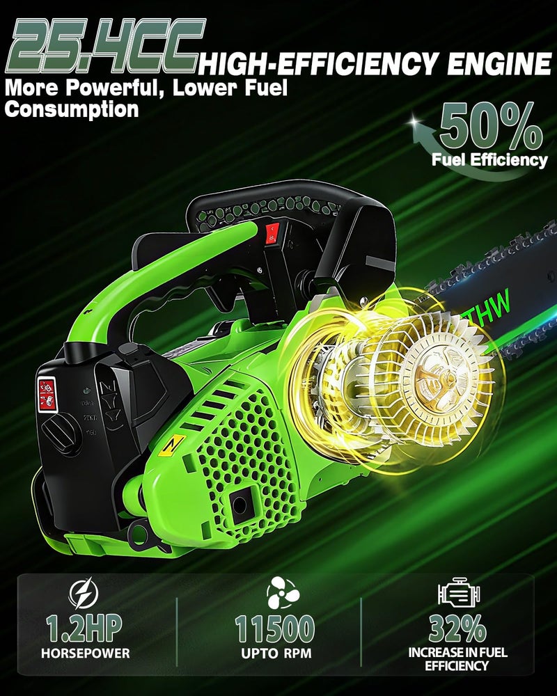 WTHW 25.4CC Top Handle Chainsaw â€“ 12 Inch Gas Powered Arborist Saw for Tree Climbing & Pruning â€“ Lightweight 2-Cycle Engine, Easy Start System & Auto Oiling (26CC â€“ Green) - Image 3