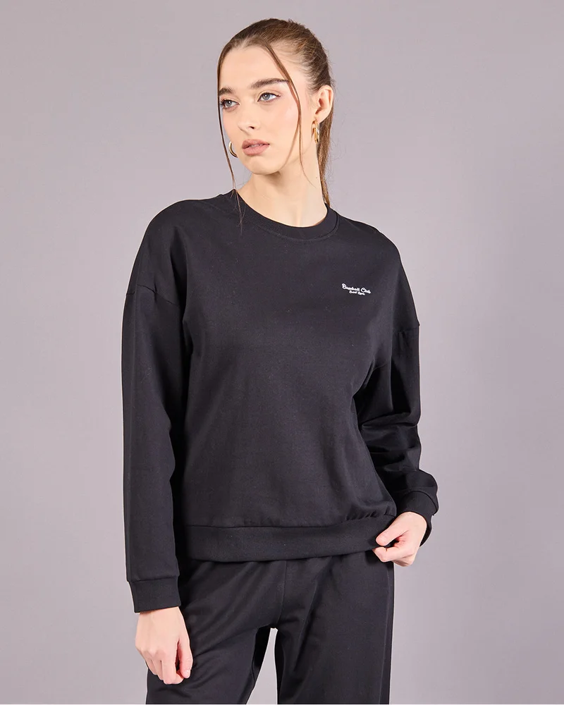 Redtag Women Black Solid Round Neck Sweatshirt