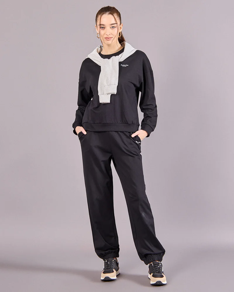 Redtag Women Black Solid Round Neck Sweatshirt