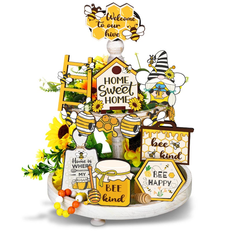 Geelin 14 Pieces Bee Tiered Tray Decor Set Summer Wood Signs Rustic Trays Decor Home Sweet Home Decoration for Summer Kitchen Table