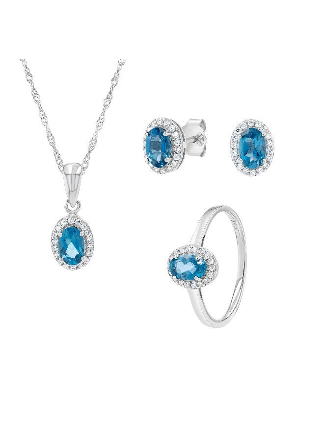Genuine Blue Topaz Silver Set – Ring, Pendant & Earrings -2.00 ct, Oval Faceted Cut