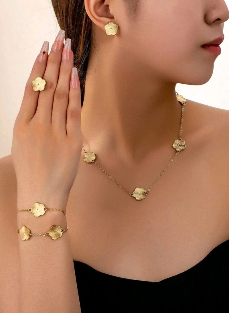 Shein 5 Pcs/Set Elegant Minimalist Fashion Geometric Clover Flower Necklace Bracelet Earrings Jewelry Set - Image 1