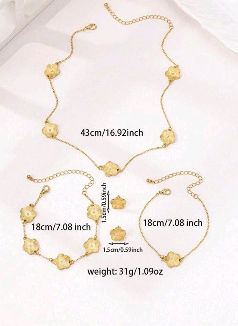 Shein 5 Pcs/Set Elegant Minimalist Fashion Geometric Clover Flower Necklace Bracelet Earrings Jewelry Set - Image 4