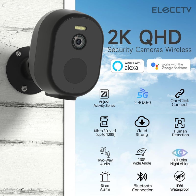 ELECCTV Security Cameras Wireless Outdoor, 2K/3MP QHD Home Security System 4-Cam Kit with 130Â°-Wide View, Night Vision, Spotlight,IP65 Waterproof, Support Alexa,2.4GHz & 5GHz WiFi,Cloud/SD (C363-B-4PC) - Image 2