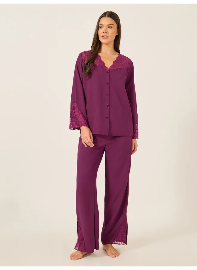 Styli Styli Unwind Lace Insert Buttoned Shirt and Pyjama Set