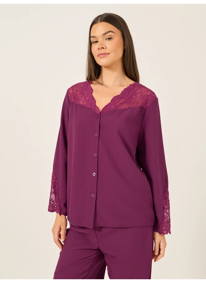 Styli Styli Unwind Lace Insert Buttoned Shirt and Pyjama Set