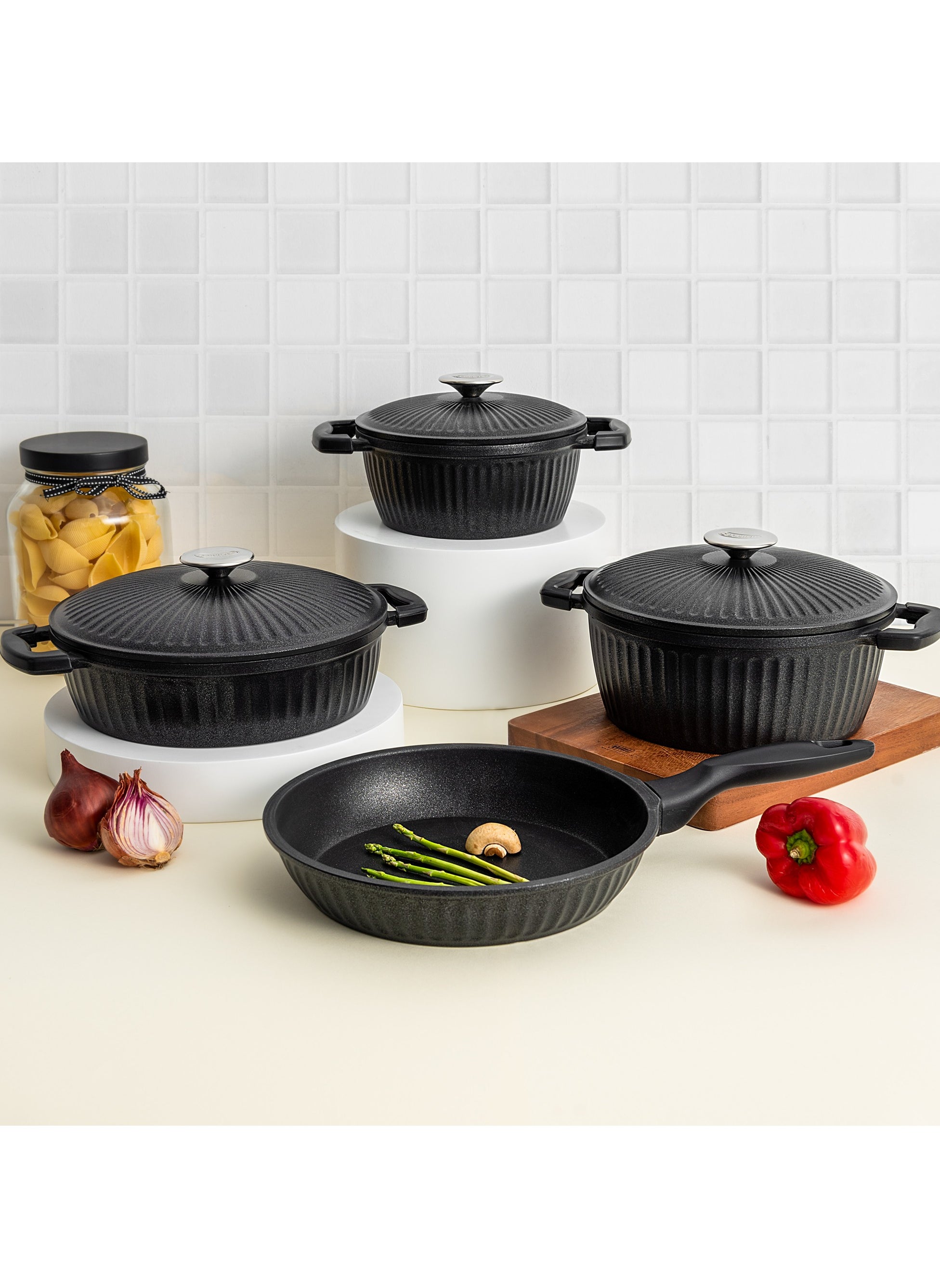 ALBERTO 7 Piece Granite Cookware Set With Metal Cover Black 