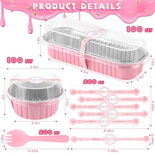 Suclain 600 Pcs Valentines Day Pink Mini Loaf Pans with Lids and Spoons Sealing Stickers 68oz Disposable Aluminum Foil Muffin Baking Pans 5oz Cupcake Cups Cake Containers for Valentines Party - Image 3