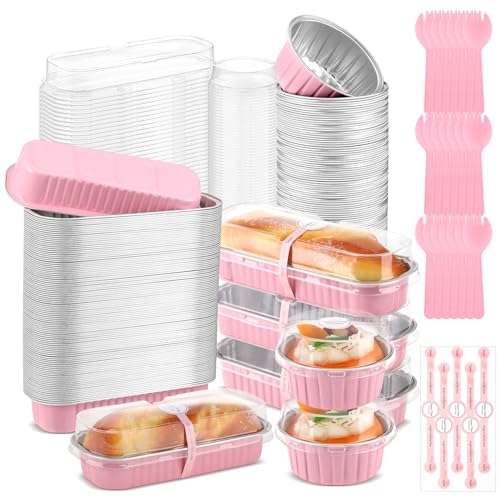 Suclain 600 Pcs Valentines Day Pink Mini Loaf Pans with Lids and Spoons Sealing Stickers 68oz Disposable Aluminum Foil Muffin Baking Pans 5oz Cupcake Cups Cake Containers for Valentines Party - Image 1