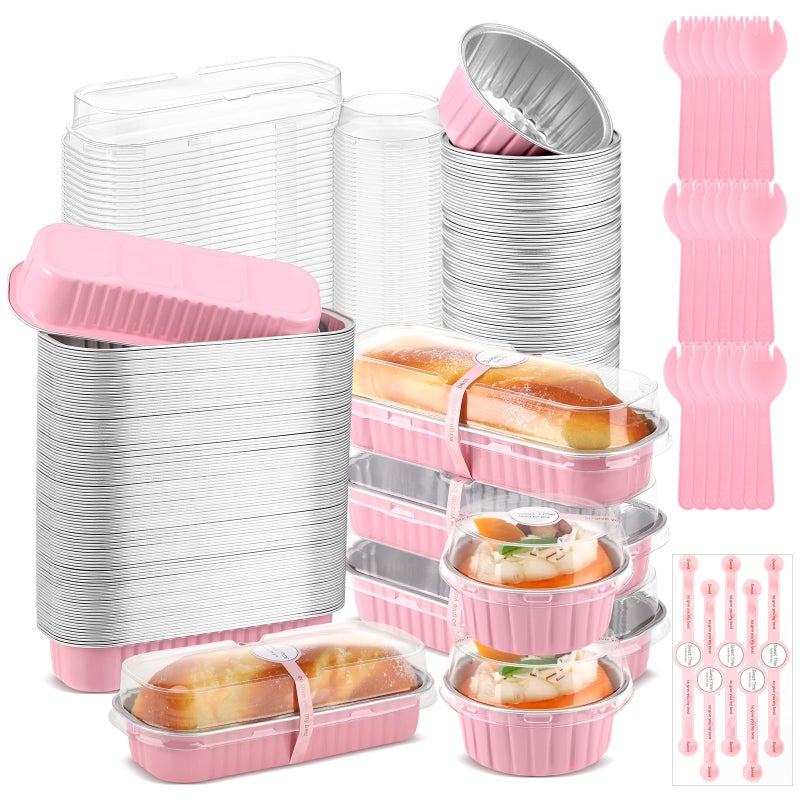 Suclain 600 Pcs Valentines Day Pink Mini Loaf Pans with Lids and Spoons Sealing Stickers 68oz Disposable Aluminum Foil Muffin Baking Pans 5oz Cupcake Cups Cake Containers for Valentines Party - Image 2