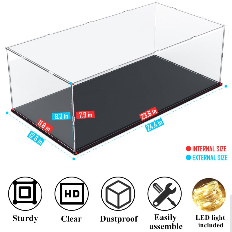 DuvinDD Acrylic Display Case for 1/8 Scale Model Car Large Lego Display Case for 42096 42083 Showcase Countertop Clear Display Box Dustproof Storage Acrylic Box with Black Base(23.6x11.8x7.8inch) - Image 3