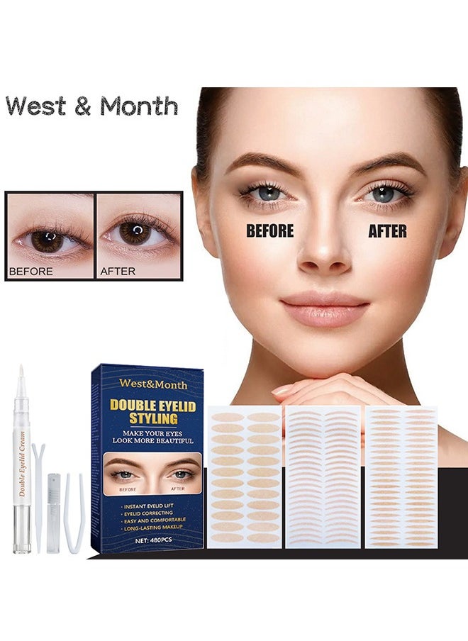 West&Month - Eyelid Tape for Hooded Eyes Invisible, 480pcs Eyelid Lifter Strips, Waterproof Double Eyelid Strips,Instant Eyelid Lift for Heavy Saggy, Uneven,Hooded, Mono-eyelids, with Fork Rods and Tweezers - Image 1