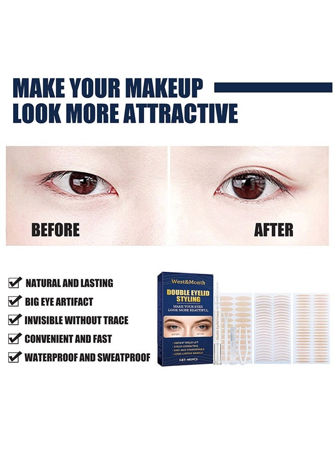 West&Month - Eyelid Tape for Hooded Eyes Invisible, 480pcs Eyelid Lifter Strips, Waterproof Double Eyelid Strips,Instant Eyelid Lift for Heavy Saggy, Uneven,Hooded, Mono-eyelids, with Fork Rods and Tweezers - Image 1