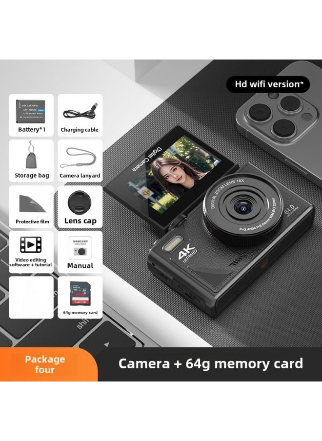Generic Entry Level Micro Single Camera Student Digital Camera With WiFI HD CCD Campus 4K DSLR Vlog Camera-Body Color:Black  64g Card  - Image 1