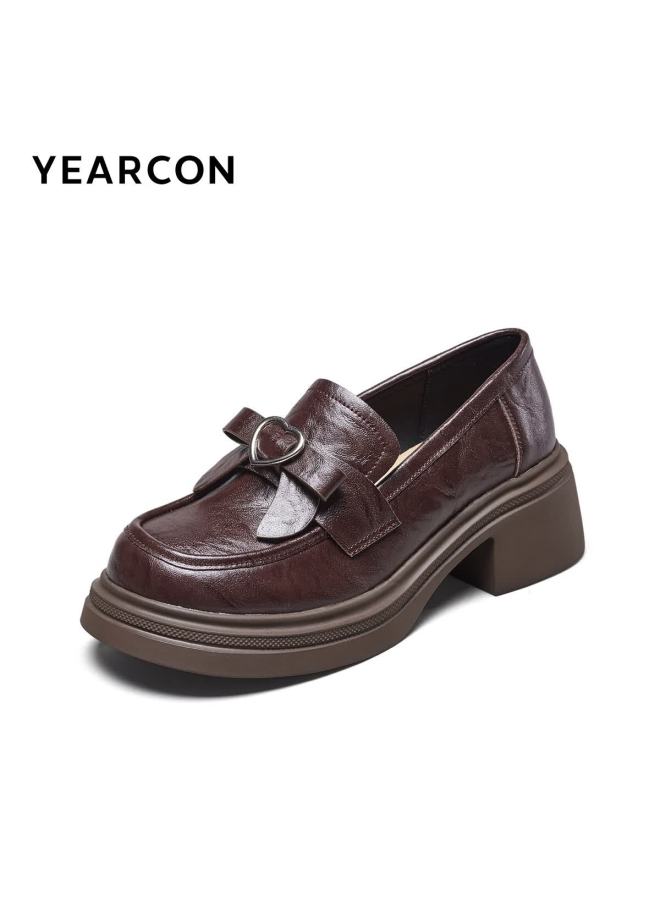 YEARCON Eierkang Women's Vintage College Style Platform Loafers Bowknot Versatile Leather Shoes 26409w Brown Size 35 - Image 2