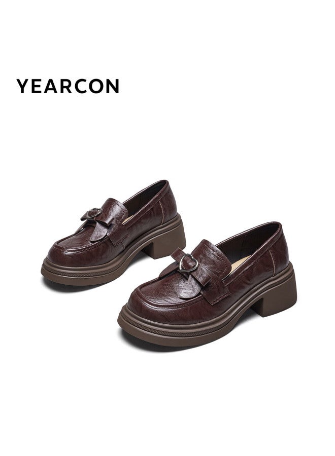 YEARCON Eierkang Women's Vintage College Style Platform Loafers Bowknot Versatile Leather Shoes 26409w Brown Size 35 - Image 3