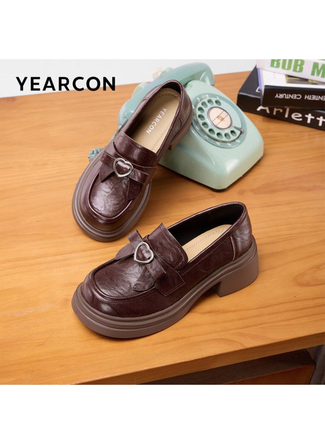 YEARCON Eierkang Women's Vintage College Style Platform Loafers Bowknot Versatile Leather Shoes 26409w Brown Size 35 - Image 1