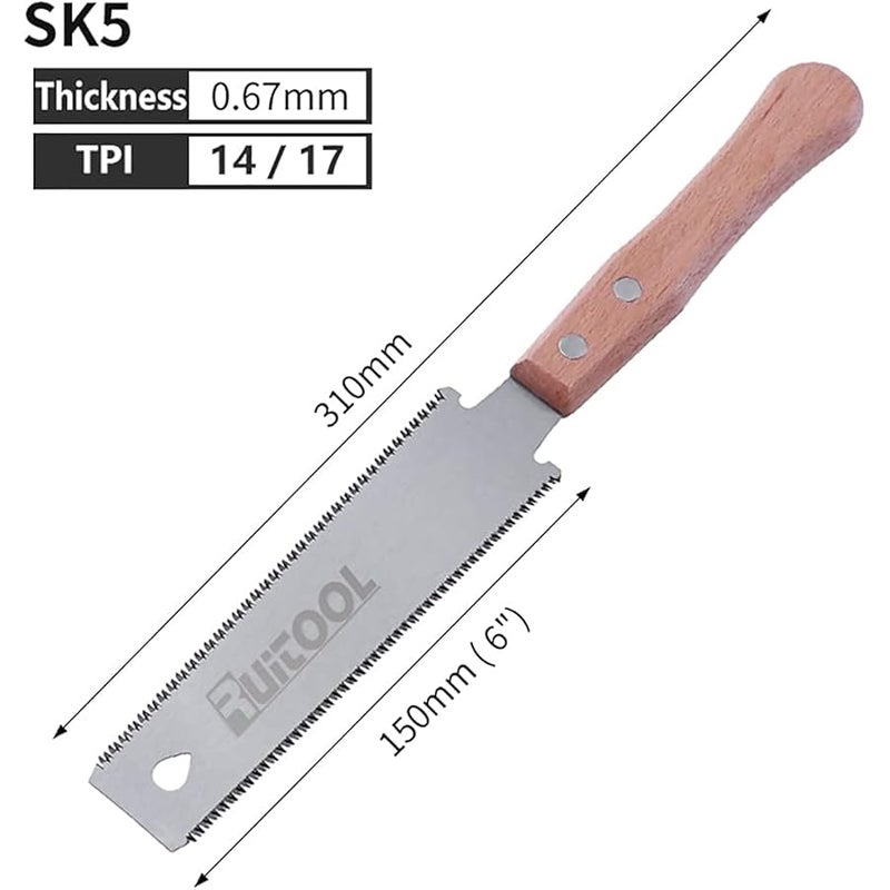 RUITOOL Japanese Hand Saw 6 Inch Double Edge Sided Pull Saw Ryoba SK5 Flexible Blade 14/17 TPI Flush Cut Beech Handle Wood Saw for Woodworking Tools - Image 3