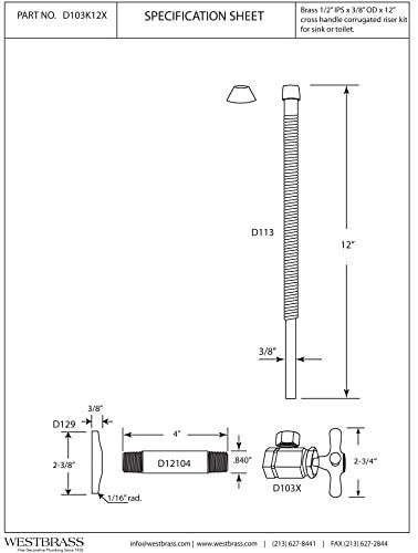 Westbrass D103K12X12 12 IPS x 38 OD x 12 Corrugated Riser Supply Line Kit with Cross Handle Angle Supply Shut Off Valve for Faucet and Toilet Oil Rubbed Bronze - Image 3