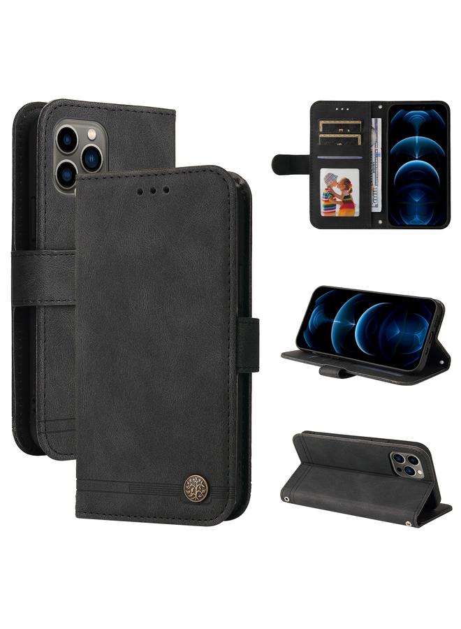 Zaboon Case For iPhone 12 / 12 Pro Skin Feel Life Tree Metal Button Horizontal Flip Leather Case with Holder & Card Slot & Wallet & Photo Frame & Strap - Image 1