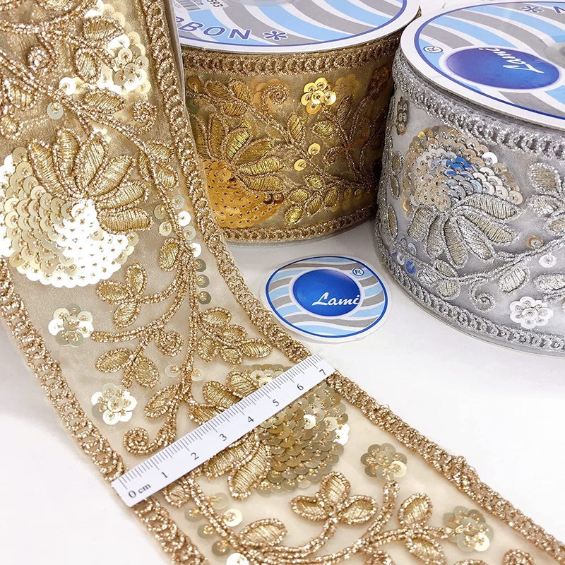 Lami لأمي شريط دانتيل ذهبي بطول 9 متر مع لامع ذهبي على قماش الشبك الهندي، حواف دانتيل فاخرة لتزيين المنزل، زينة حفلات، تغليف مهرجانات، إكسسوارات موضة، حواف دانتيل - Image 4