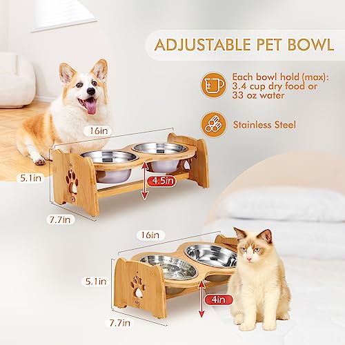 X-ZONE PET Elevated Dog Bowls for Cats and Dogs, Adjustable Bamboo Raised Dog Bowls for Small Dog, Food and Water Set Stand Feeder with 2 Stainless Steel Bowls and Anti Slip Feet (Height 4" to 4.5") - Image 2
