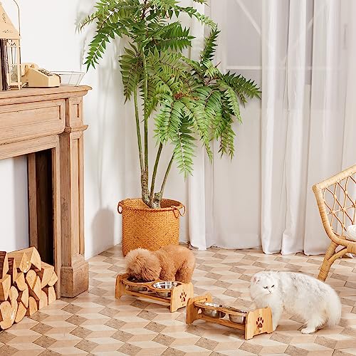 X-ZONE PET Elevated Dog Bowls for Cats and Dogs, Adjustable Bamboo Raised Dog Bowls for Small Dog, Food and Water Set Stand Feeder with 2 Stainless Steel Bowls and Anti Slip Feet (Height 4" to 4.5") - Image 3