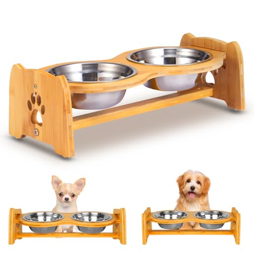 X-ZONE PET Elevated Dog Bowls for Cats and Dogs, Adjustable Bamboo Raised Dog Bowls for Small Dog, Food and Water Set Stand Feeder with 2 Stainless Steel Bowls and Anti Slip Feet (Height 4" to 4.5") - Image 1