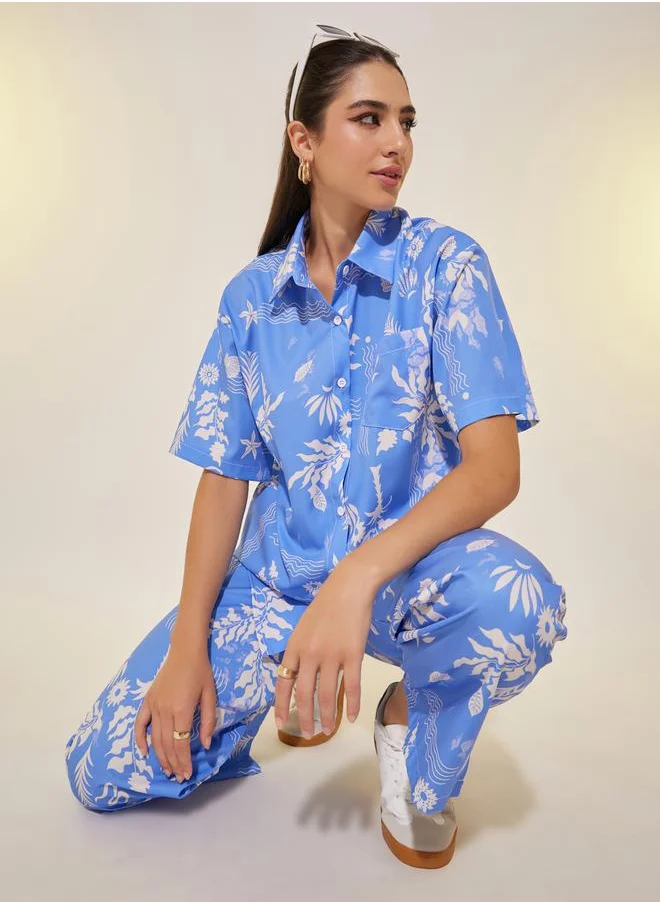 Styli Printed Collared Short Sleeve Shirt and Pants Set