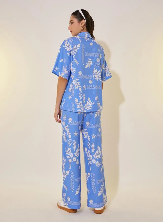 تايك تو Printed Collared Short Sleeve Shirt and Pants Set