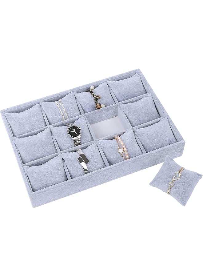 Green Tiger Watch Jewelry Tray Organizer Bracelet Display Showcase 12 Grid Pillows Without Lid Tray Jewelry Storage Holder Grey Velvet Gifts for Men Women Girls - Image 1