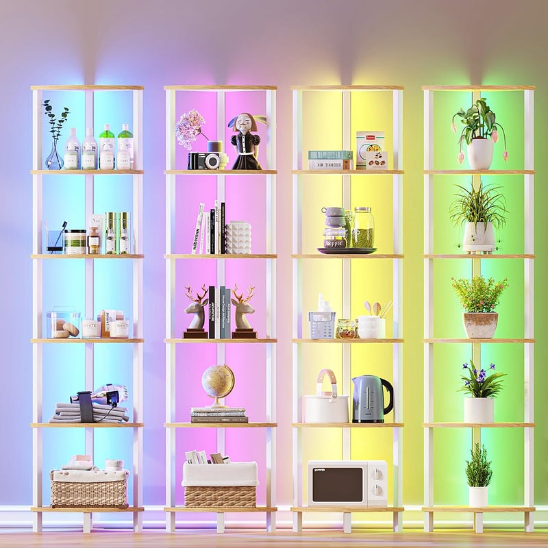 VIMBER 6-Tier Corner Shelf with LED Light, Industrial Corner Ladder Shelf, Rustic Display Shelf for Living Room, Bedroom, Kitchen, Home Office, Sturdy Frame, White and Nature Wood Color UJSJ002Q - Image 4