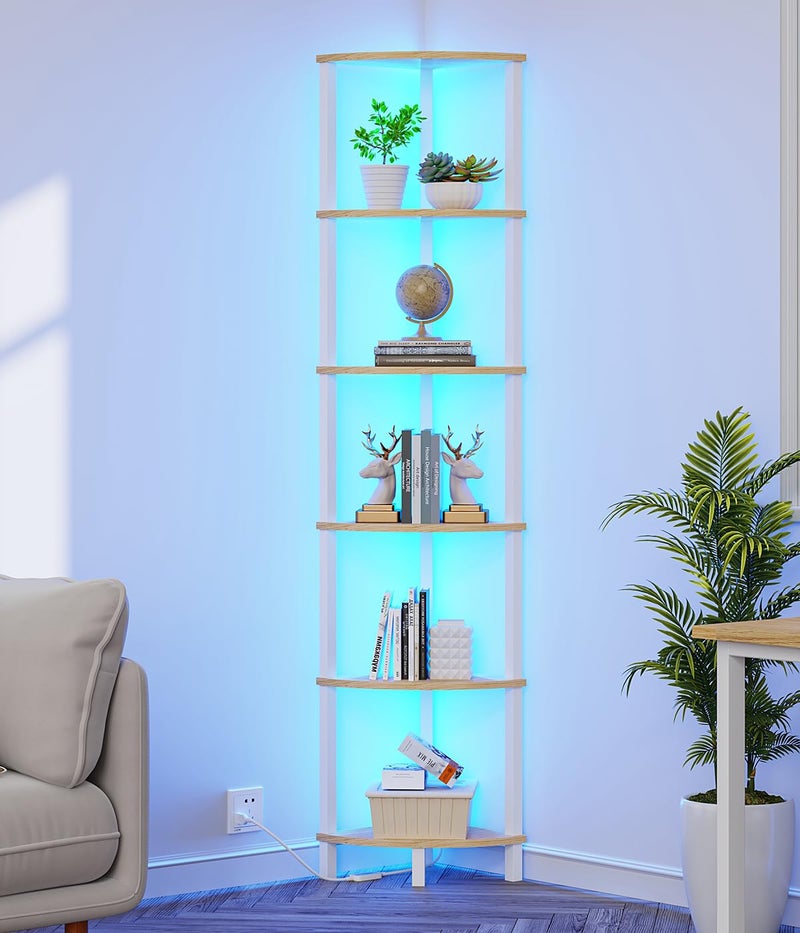 VIMBER 6-Tier Corner Shelf with LED Light, Industrial Corner Ladder Shelf, Rustic Display Shelf for Living Room, Bedroom, Kitchen, Home Office, Sturdy Frame, White and Nature Wood Color UJSJ002Q - Image 1