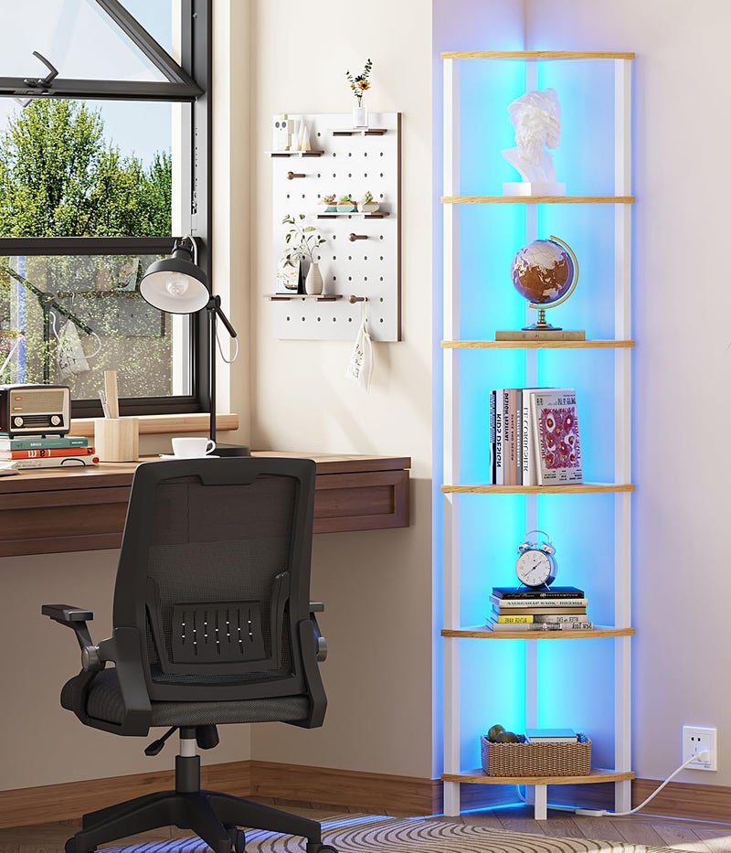 VIMBER 6-Tier Corner Shelf with LED Light, Industrial Corner Ladder Shelf, Rustic Display Shelf for Living Room, Bedroom, Kitchen, Home Office, Sturdy Frame, White and Nature Wood Color UJSJ002Q - Image 2