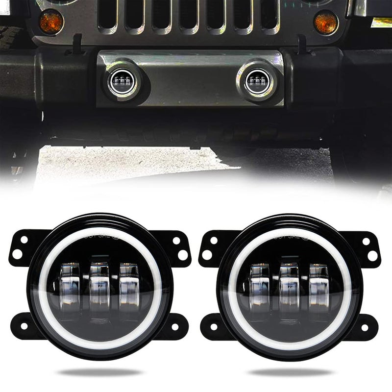 OPP ULITE Jeep Led Fog Lights 4 Inch 42W 2PCS Driving Fog Light Lamp with White Halo Ring Angel Eyes DRL for Jeep Wrangler JK Dodge Chrysler Cherokee 4D