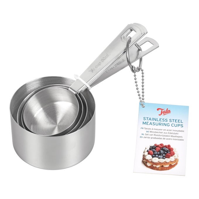 STAINLESS STEEL MEASURING CUPS SET OF 4 MEASUREMENTS IN MILLILITRES AND CUPS NEST NEATLY FOR STORAGE METALLIC SILVER