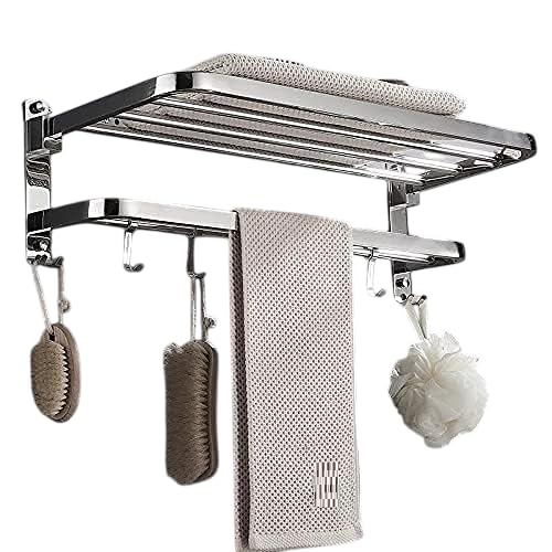 OCCURA OCCURA Stainless Steel Space Saving Dual Folding Towel Rack for Bathroom, Anti Rust Premium Grade Stainless Steel Towel Rail for Bathroom, Chrome Finish, Elegant Look Double Towel Stand with Hooks - Image 1