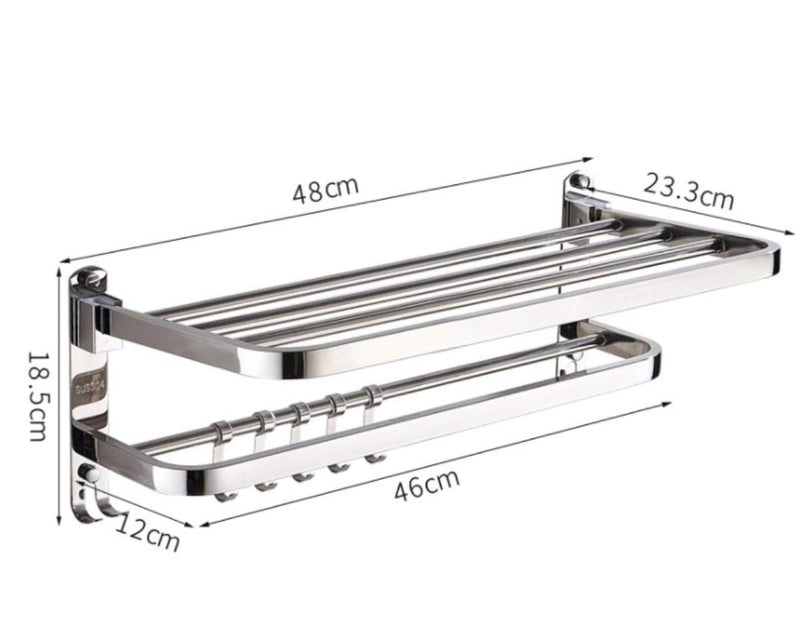 OCCURA OCCURA Stainless Steel Space Saving Dual Folding Towel Rack for Bathroom, Anti Rust Premium Grade Stainless Steel Towel Rail for Bathroom, Chrome Finish, Elegant Look Double Towel Stand with Hooks - Image 3