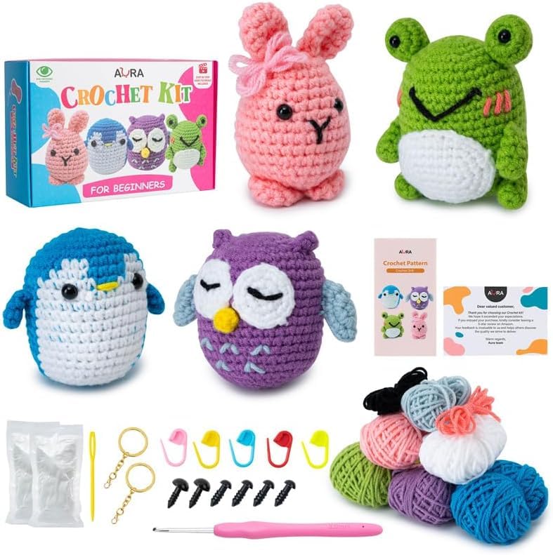 AURA Learn to Crochet Kit for Beginners Kids and Adults Premium 4 Animal Pattern Beginner Crochet Kits with Easy Tube Yarn StepbyStep Video Tutorials Forest FriendsStandard Size