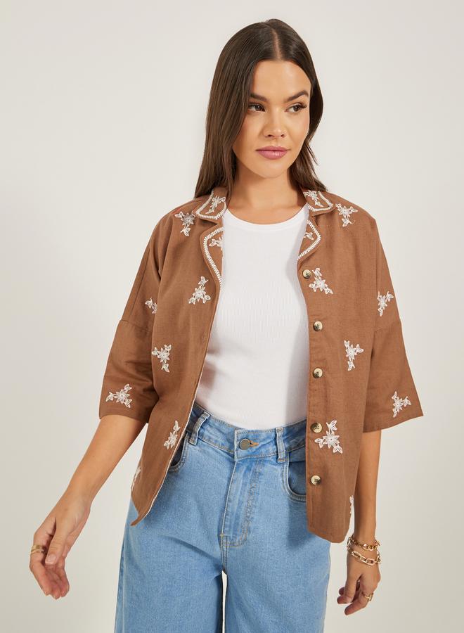 Styli Embroidered Notch Label Neck Regular Fit Top - Image 1