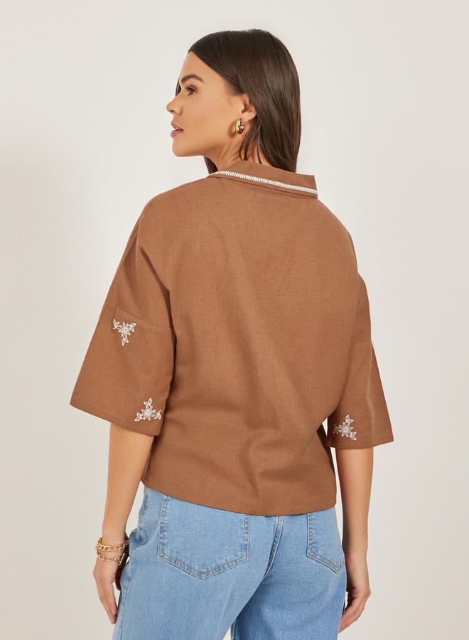 Styli Embroidered Notch Label Neck Regular Fit Top - Image 5