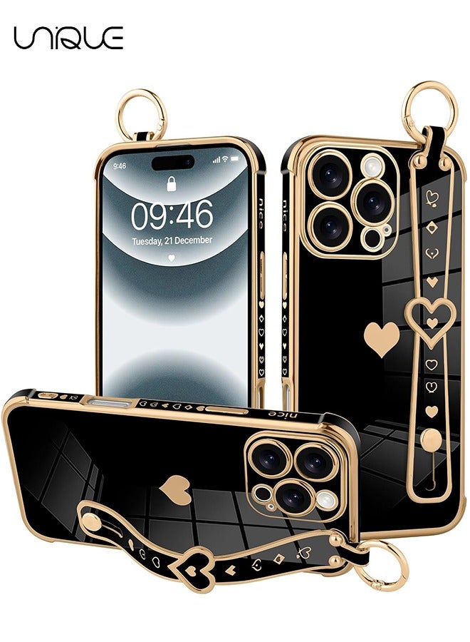 Unique Compatible with iPhone 16 Pro Case, Adjustable Wrist Strap Kickstand, Cute Heart Luxury Gold Plating Bumper, Women Girl Men Protective Case Cover, Black - Image 1