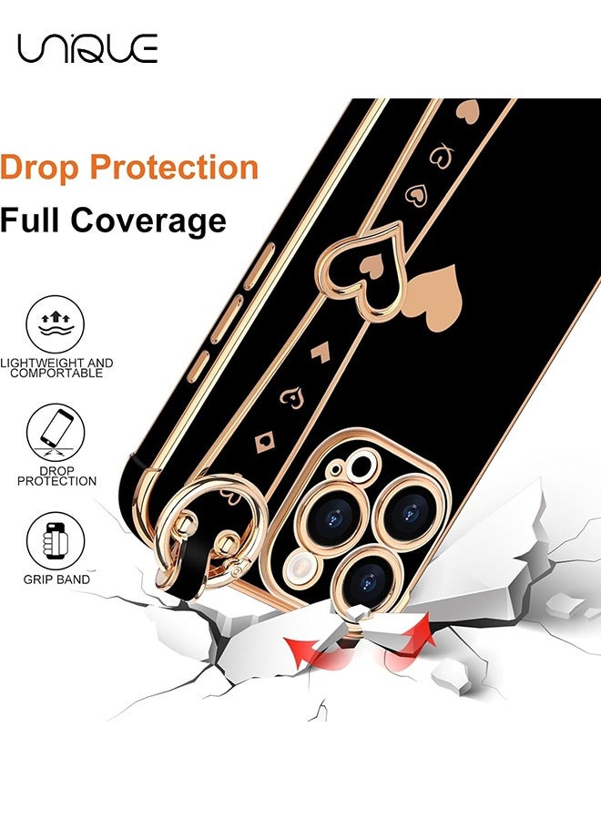 Unique Compatible with iPhone 16 Pro Case, Adjustable Wrist Strap Kickstand, Cute Heart Luxury Gold Plating Bumper, Women Girl Men Protective Case Cover, Black - Image 3
