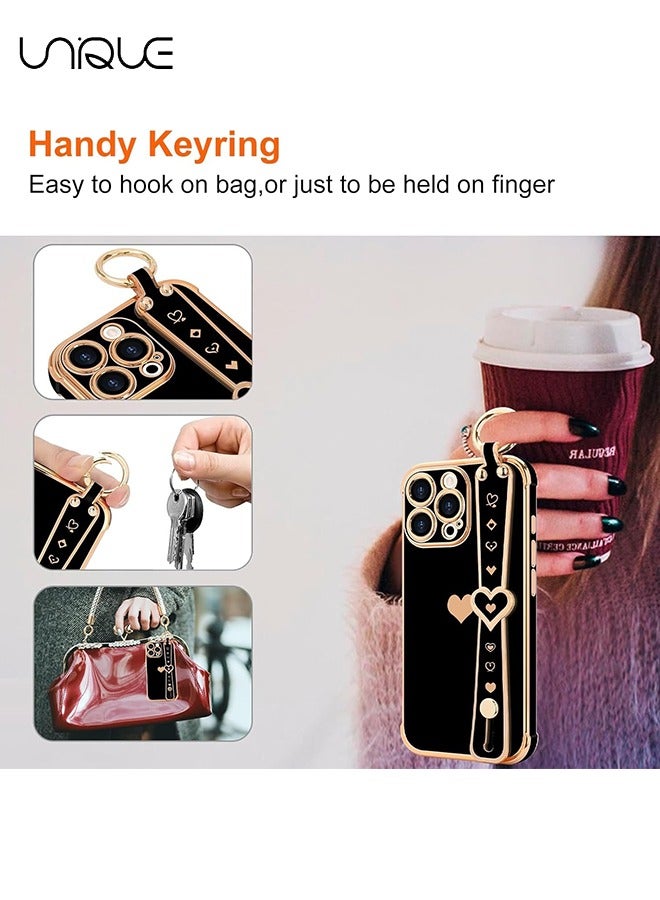 Unique Compatible with iPhone 16 Pro Case, Adjustable Wrist Strap Kickstand, Cute Heart Luxury Gold Plating Bumper, Women Girl Men Protective Case Cover, Black - Image 5