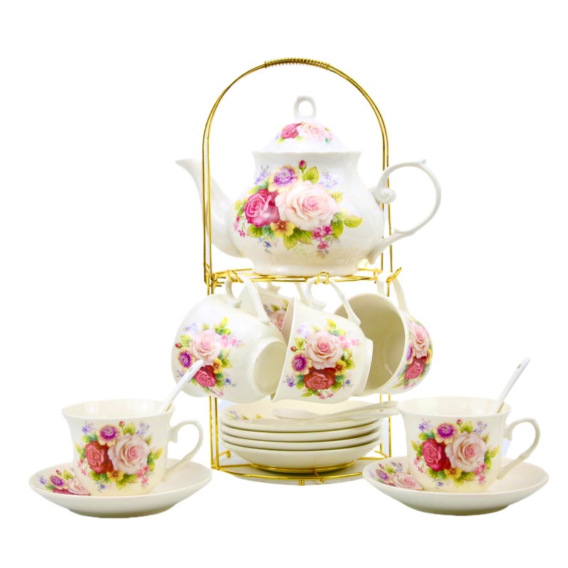 20Pieces Porcelain Bone china Tea SetsGold Rim Coffee Set with Golden Metal RackTea Gift Sets for HomeParty 008