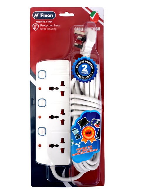 Fixon 3 Way 13A Electrical Extension Socket | 4 Meter Long Cable | Each Socket with Switch and LED Indicator | Child Safe Shutter